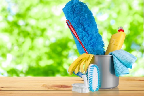 Cleaning team applying health and safety measures during service